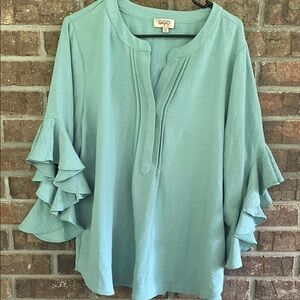 Sea foam Green Ruffled 3/4 Sleeve Blouse with Mandarin Collar